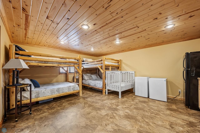 15924 Blackhawk Rd, Lake Park, MN 56554 - bedroom featuring wooden ceiling, freestanding refrigerator, recessed lighting, refrigerator, and baseboards