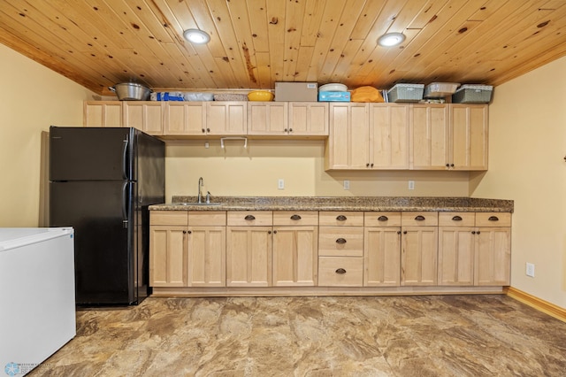 15924 Blackhawk Rd, Lake Park, MN 56554 - kitchen featuring freestanding refrigerator, light brown cabinets, recessed lighting, a sink, and wood ceiling