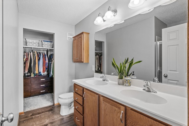 full bath with a spacious closet, wood finished floors, a sink, and a textured ceiling