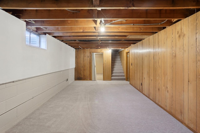 11749 Crooked Lake Blvd NW, Coon Rapids, MN 55433 - below grade area featuring wood walls, stairway, and carpet flooring