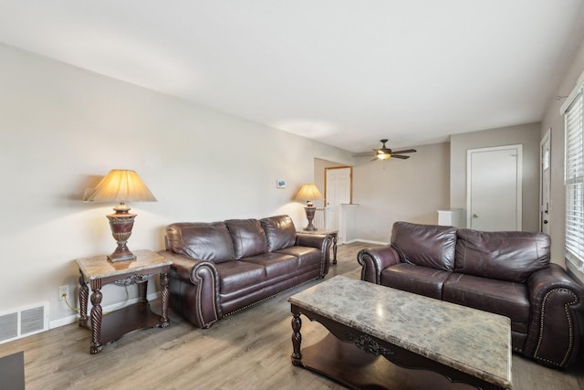 11749 Crooked Lake Blvd NW, Coon Rapids, MN 55433 - living area featuring light wood finished floors, visible vents, ceiling fan, and baseboards