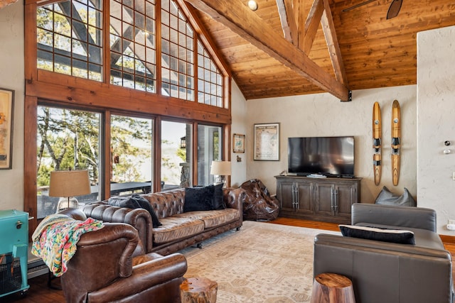 8434 Big Whitefish Narrows, Pine River, MN 56474 - living area with high vaulted ceiling, wooden ceiling, beamed ceiling, and wood finished floors