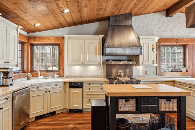 8434 Big Whitefish Narrows, Pine River, MN 56474 - kitchen featuring stainless steel dishwasher, vaulted ceiling, wood ceiling, butcher block countertops, and custom range hood
