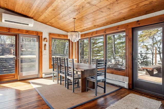 8434 Big Whitefish Narrows, Pine River, MN 56474 - sunroom / solarium featuring an inviting chandelier, hardwood / wood-style floors, a wall unit AC, lofted ceiling, and wooden ceiling