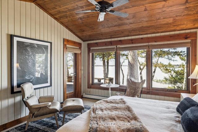 8434 Big Whitefish Narrows, Pine River, MN 56474 - bedroom with wooden ceiling, baseboard heating, wooden walls, access to exterior, and lofted ceiling