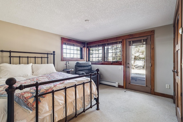 8434 Big Whitefish Narrows, Pine River, MN 56474 - bedroom featuring a textured ceiling, light carpet, access to exterior, a baseboard radiator, and baseboards