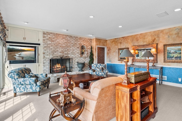 living room with a brick fireplace, recessed lighting, light carpet, and ornamental molding