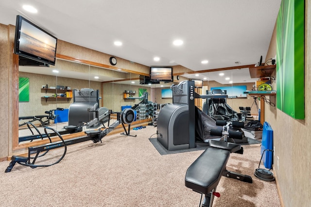 gym with carpet flooring and recessed lighting