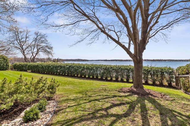 view of yard with a water view and fence