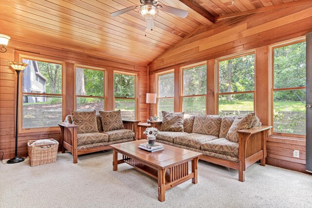 12534 Dover Dr, Apple Valley, MN 55124 - carpeted living room featuring healthy amount of natural light, wooden walls, ceiling fan, and wooden ceiling