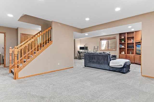 12534 Dover Dr, Apple Valley, MN 55124 - living room with carpet floors, recessed lighting, stairway, and a desk