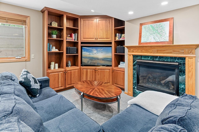 12534 Dover Dr, Apple Valley, MN 55124 - living room featuring light colored carpet, recessed lighting, and a high end fireplace