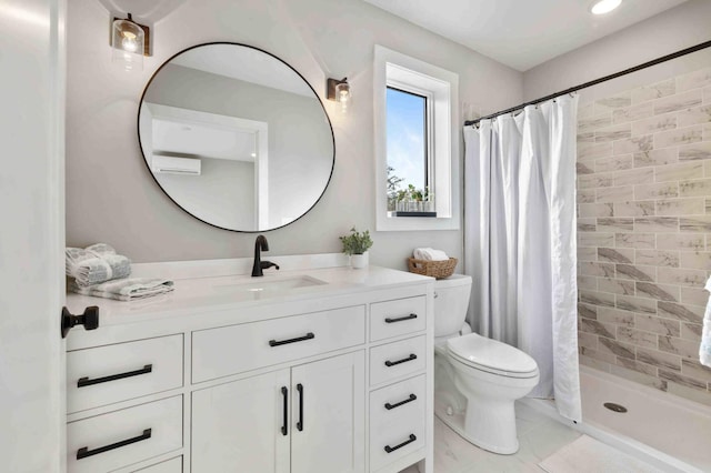 2737 Golfview Dr SW, Pine River Twp, MN 56474 - full bathroom featuring toilet, vanity, a tile shower, and a wall unit AC