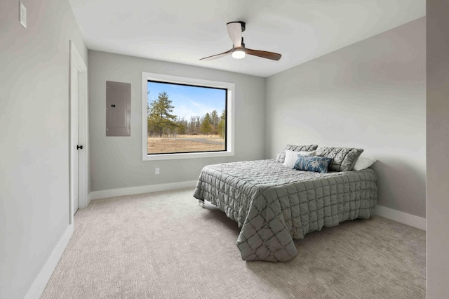 2737 Golfview Dr SW, Pine River Twp, MN 56474 - bedroom with electric panel, light carpet, baseboards, and ceiling fan