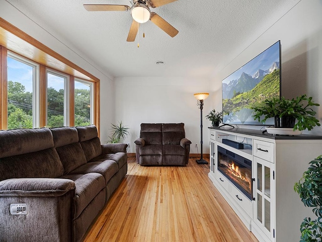 1883 County Road C E, Maplewood, MN 55109 - living area featuring light wood-type flooring, a glass covered fireplace, ceiling fan, and a textured ceiling