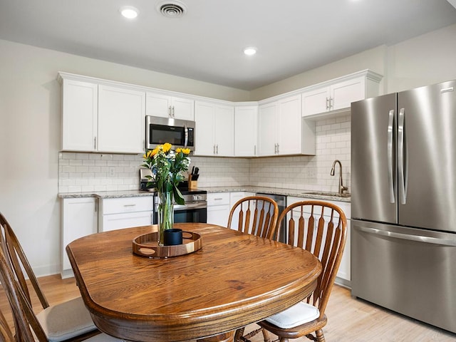 1883 County Road C E, Maplewood, MN 55109 - kitchen featuring stainless steel appliances, white cabinets, light wood finished floors, backsplash, and recessed lighting