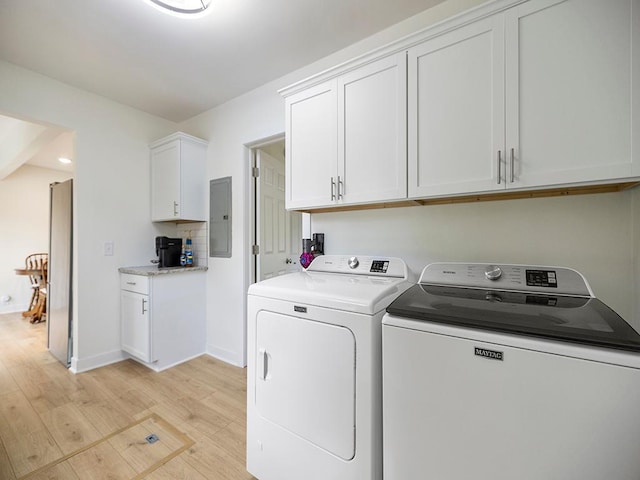 1883 County Road C E, Maplewood, MN 55109 - washroom with washer and dryer, light wood-style floors, electric panel, and cabinet space