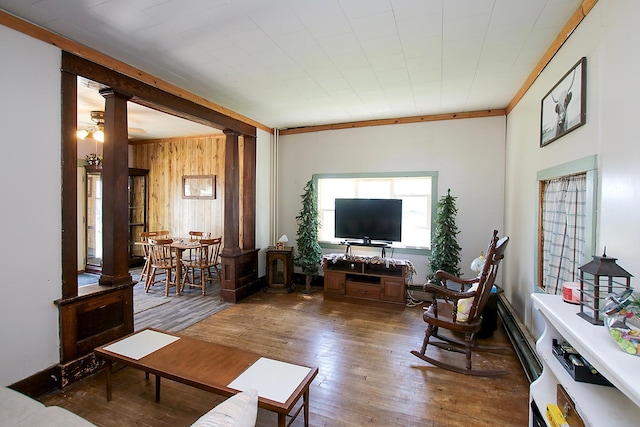 living room featuring wood walls, wood finished floors, and ornate columns