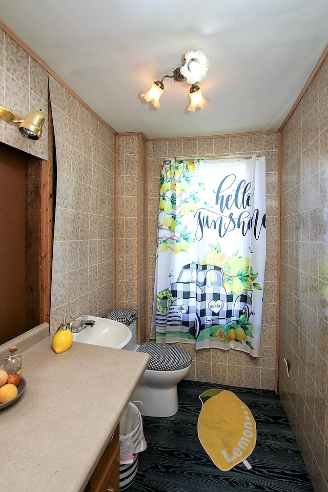 bathroom featuring tile walls, toilet, and vanity