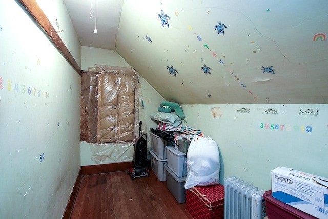 additional living space featuring radiator, wood-type flooring, and vaulted ceiling