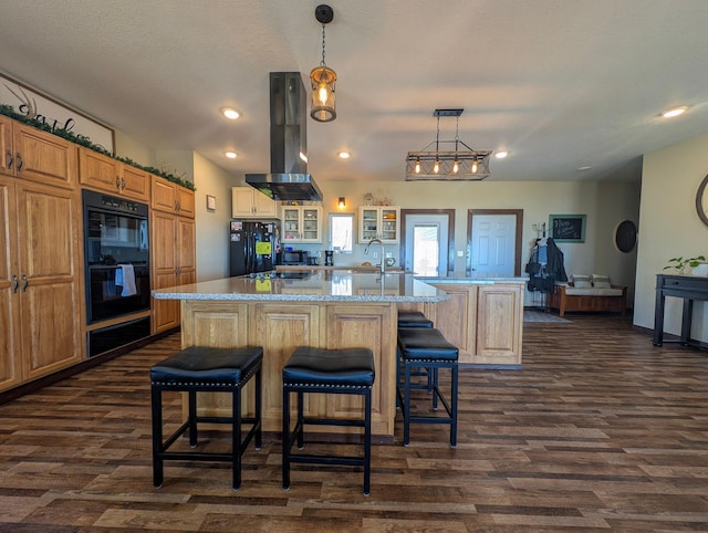 36861 477th Ave, Otto Twp, MN 56567 - kitchen featuring exhaust hood, black appliances, dark wood-type flooring, a spacious island, and glass insert cabinets