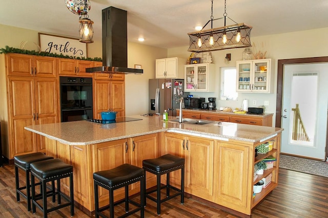 36861 477th Ave, Otto Twp, MN 56567 - kitchen with island exhaust hood, black appliances, a sink, a large island, and dark wood-style floors