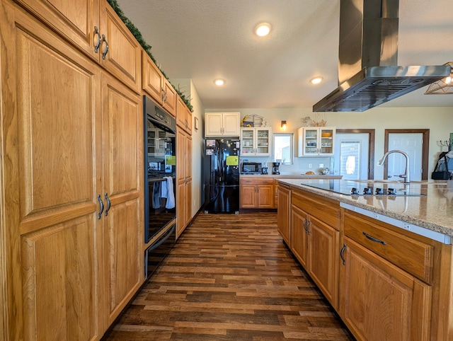 36861 477th Ave, Otto Twp, MN 56567 - kitchen featuring island range hood, black appliances, glass insert cabinets, dark wood-type flooring, and recessed lighting