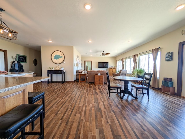 36861 477th Ave, Otto Twp, MN 56567 - dining area featuring dark wood-style floors, baseboards, recessed lighting, and ceiling fan