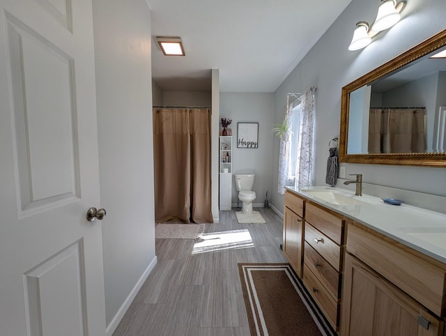 36861 477th Ave, Otto Twp, MN 56567 - bathroom featuring baseboards, double vanity, toilet, and a shower with curtain