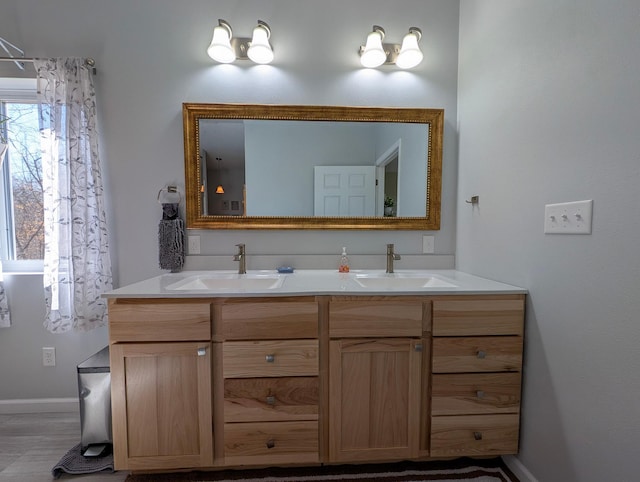 36861 477th Ave, Otto Twp, MN 56567 - bathroom featuring double vanity and baseboards