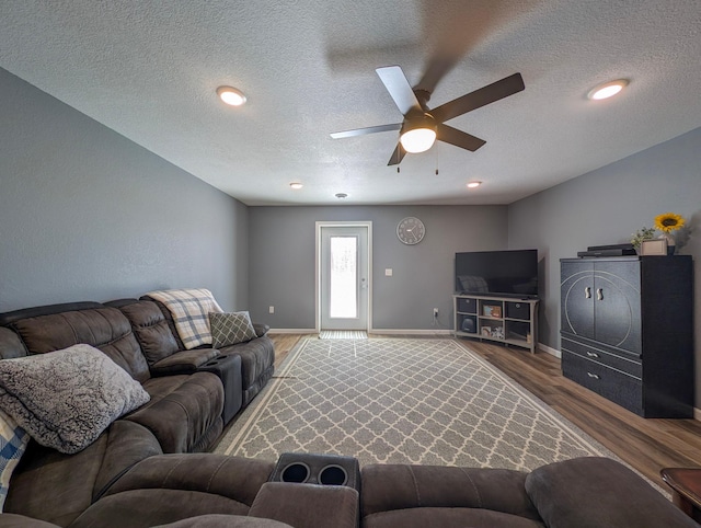 36861 477th Ave, Otto Twp, MN 56567 - living area with wood finished floors, a textured ceiling, ceiling fan, and baseboards