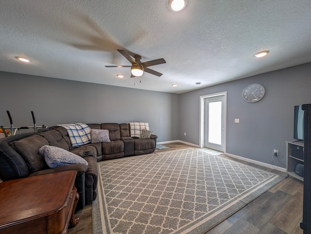 36861 477th Ave, Otto Twp, MN 56567 - living room with wood finished floors, a ceiling fan, a textured ceiling, baseboards, and recessed lighting