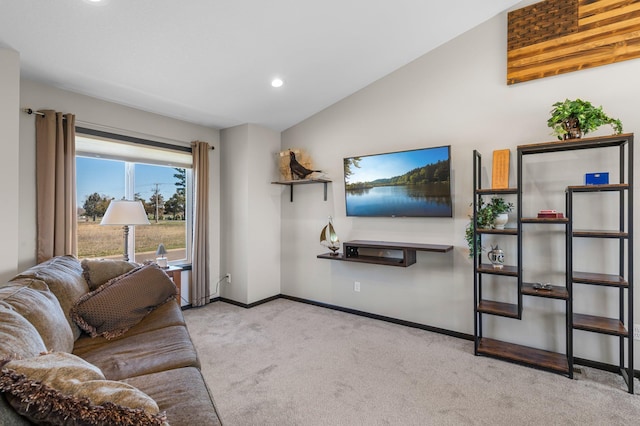 living room with baseboards, carpet flooring, lofted ceiling, and recessed lighting