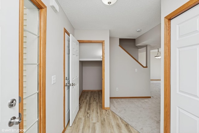 128 Oakmont Ln, Red Wing, MN 55066 - hallway with a textured ceiling, baseboards, wood finished floors, and carpet flooring