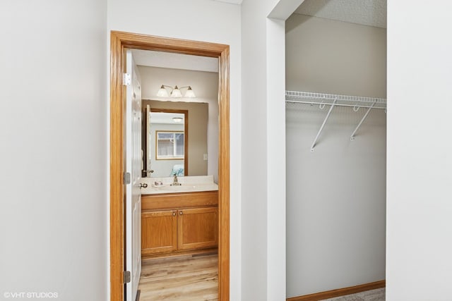 128 Oakmont Ln, Red Wing, MN 55066 - bathroom featuring vanity, a spacious closet, and wood finished floors