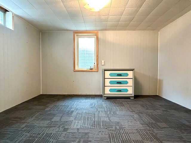 unfurnished room featuring wood walls, a healthy amount of sunlight, and carpet floors
