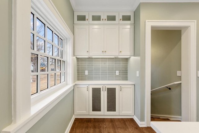 525 Main St, Owatonna, MN 55060 - interior space with dark wood-style floors, ornamental molding, baseboards, and backsplash