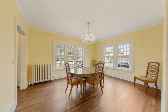 525 Main St, Owatonna, MN 55060 - dining area with radiator heating unit, a notable chandelier, crown molding, and dark wood finished floors
