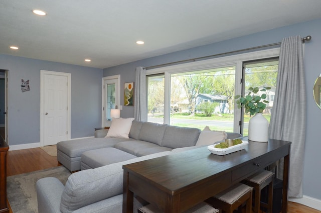 living area with wood finished floors, baseboards, and recessed lighting
