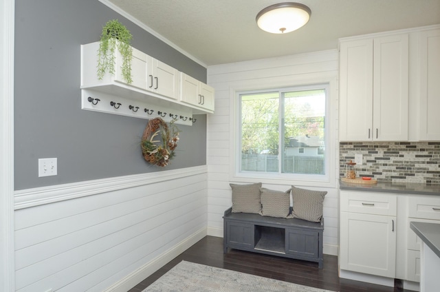 mudroom with dark wood-style floors, ornamental molding, and baseboards