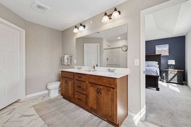 6921 Huckleberry Dr, Minnetrista, MN 55331 - ensuite bathroom with a tile shower, double vanity, and marble finish flooring