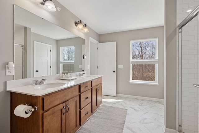 6921 Huckleberry Dr, Minnetrista, MN 55331 - full bath with marble finish flooring, double vanity, and a tile shower