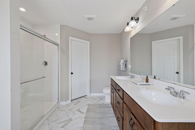 6921 Huckleberry Dr, Minnetrista, MN 55331 - bathroom with marble look tiles, a stall shower, and double vanity