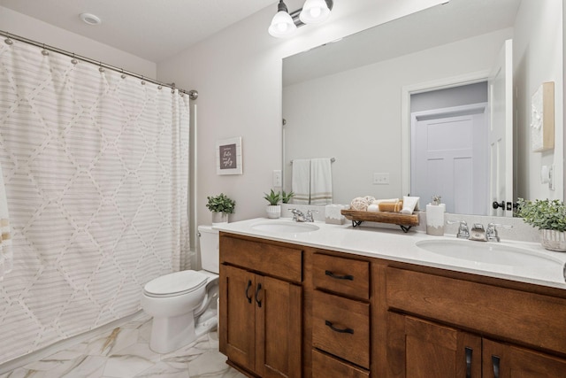 6921 Huckleberry Dr, Minnetrista, MN 55331 - full bathroom with double vanity, marble look tile flooring, and a shower with curtain