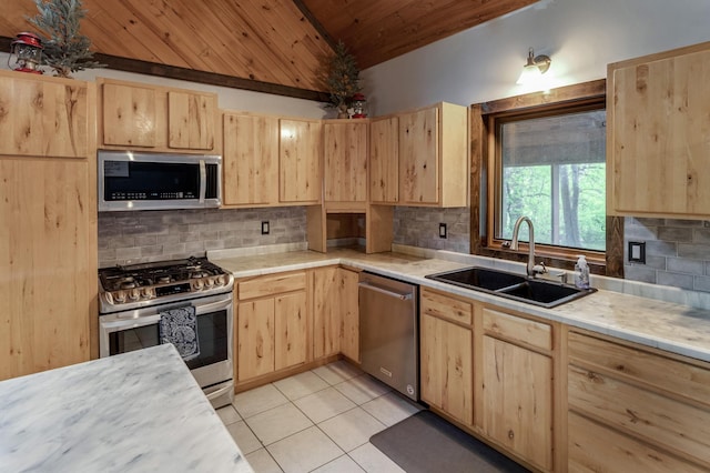 33507 Old 371, Pequot Lakes, MN 56472 - kitchen featuring appliances with stainless steel finishes, light brown cabinets, wooden ceiling, light countertops, and light tile patterned floors