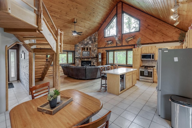 33507 Old 371, Pequot Lakes, MN 56472 - kitchen featuring stainless steel appliances, high vaulted ceiling, rail lighting, a stone fireplace, and light tile patterned floors