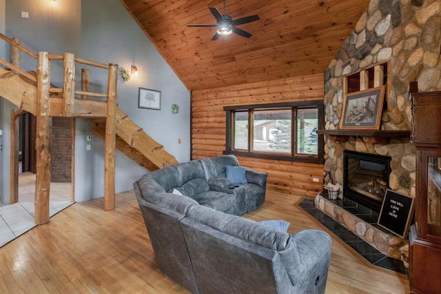 33507 Old 371, Pequot Lakes, MN 56472 - living room with wood ceiling, wood finished floors, high vaulted ceiling, a fireplace, and a ceiling fan