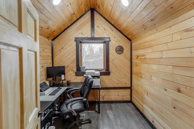 33507 Old 371, Pequot Lakes, MN 56472 - office area with dark wood-style flooring, wooden walls, lofted ceiling, and wood ceiling