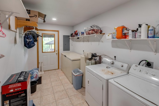 33507 Old 371, Pequot Lakes, MN 56472 - laundry room with washer and dryer, electric panel, light tile patterned flooring, and recessed lighting
