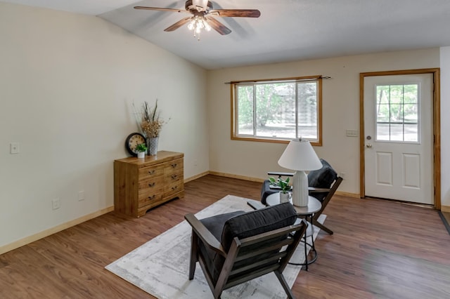 33507 Old 371, Pequot Lakes, MN 56472 - living area featuring ceiling fan, wood finished floors, and vaulted ceiling